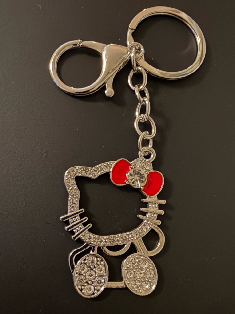 Silver Crystal Hello Kitty Keychain with Red Bow